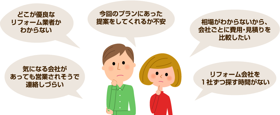 どこが優良なリフォーム業者かわからない、相場がわからないから会社ごとに費用・見積りを比較したい、など、悩みは様々。