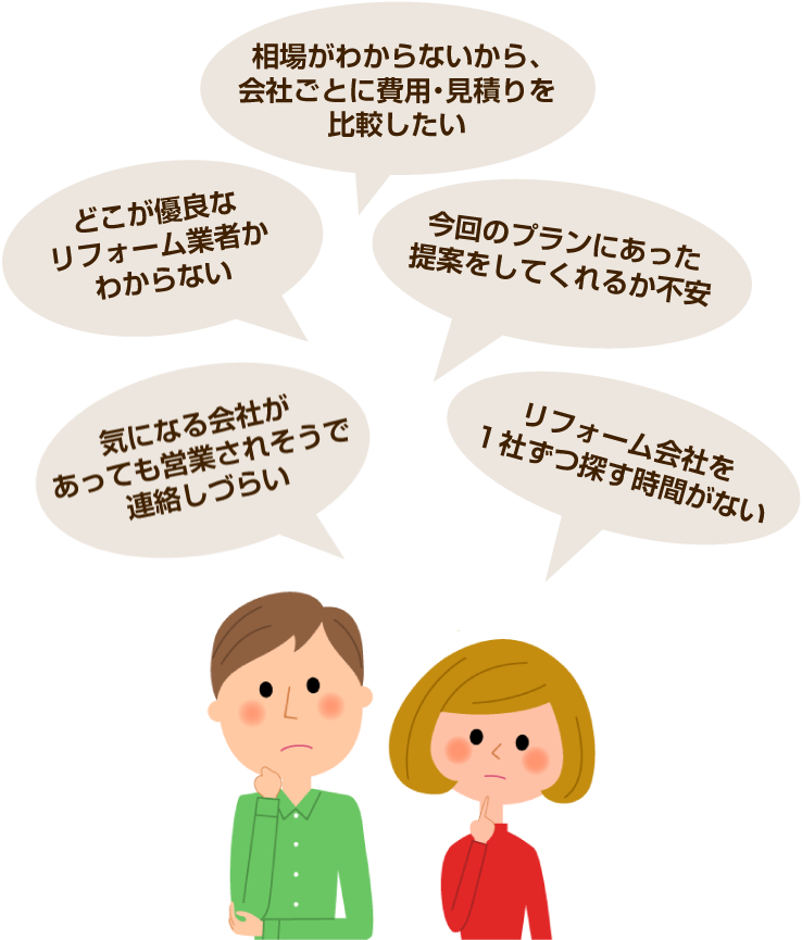 どこが優良なリフォーム業者かわからない、相場がわからないから会社ごとに費用・見積りを比較したい、など、悩みは様々。